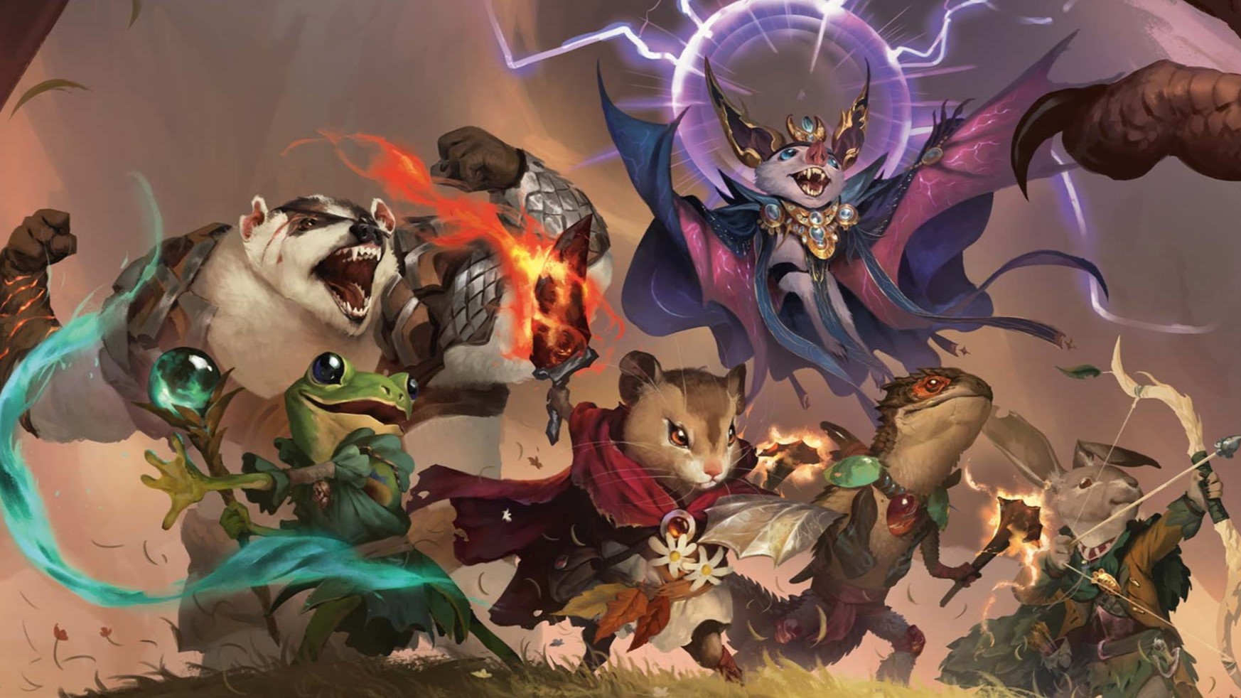 art of badger, frog, mouse, lizard, bat, and mouse heroes from MTG Bloomburrow