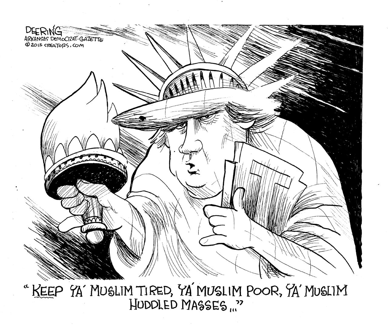 Political cartoon U.S. Donald Trump Muslim Statue of Liberty