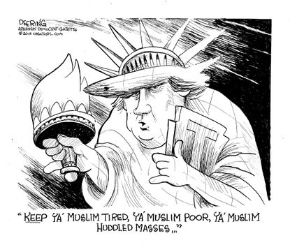 Political cartoon U.S. Donald Trump Muslim Statue of Liberty