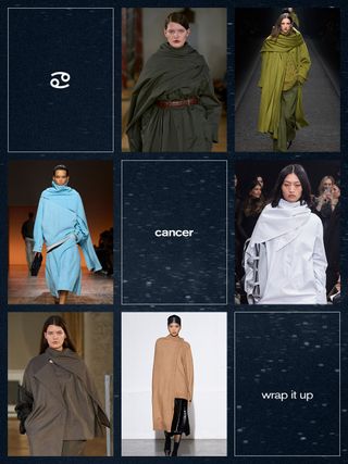 Wrap coats, capes, and swaddled knits shown on the runways of Lovechild 1979, Alberta Ferretti, Proenza Schouler, Tibi, The Garment, and Bottega Veneta.