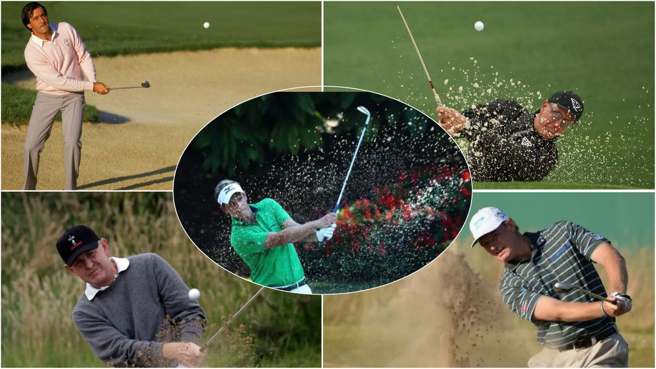 Five golfers hitting bunker shots in a montage