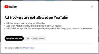 A pop-up message informing user that ad blockers are not permitted on YouTube