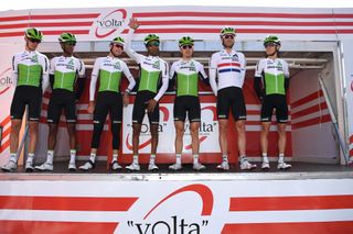 Dimension Data's Steve Cummings lines up for the 2018 Volta a Catalunya in a long-sleeved version of his British road race champion's jersey, just like the one for sale here on eBay