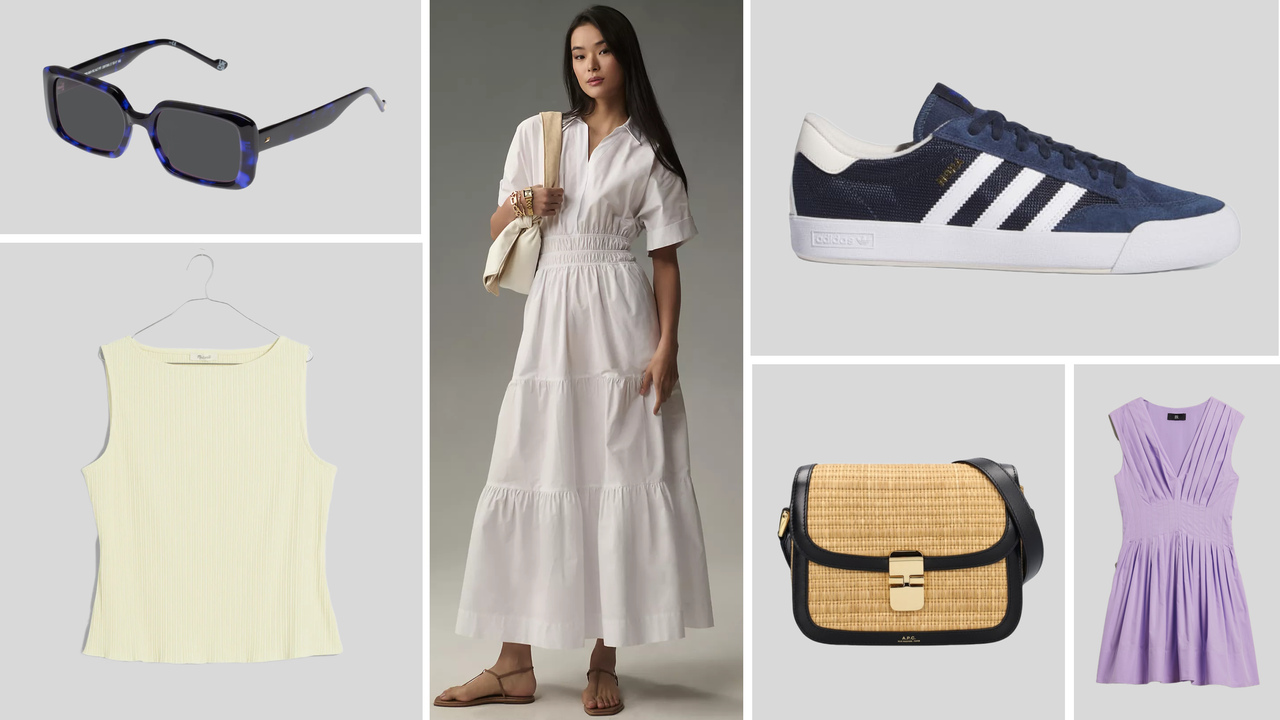 Product collage of Adidas Nora Shoes, Banana Republic Cici Poplin Mini Dress, Madewell Ribbed Boatneck Tank, A.p.c. Small Grace Raffia Effect Shoulder Bag, Le Specs Pre-Bio-Tic Alt Fit Sunglasses, Anthropologie The Somerset Maxi Dress: Shirt Dress Edition