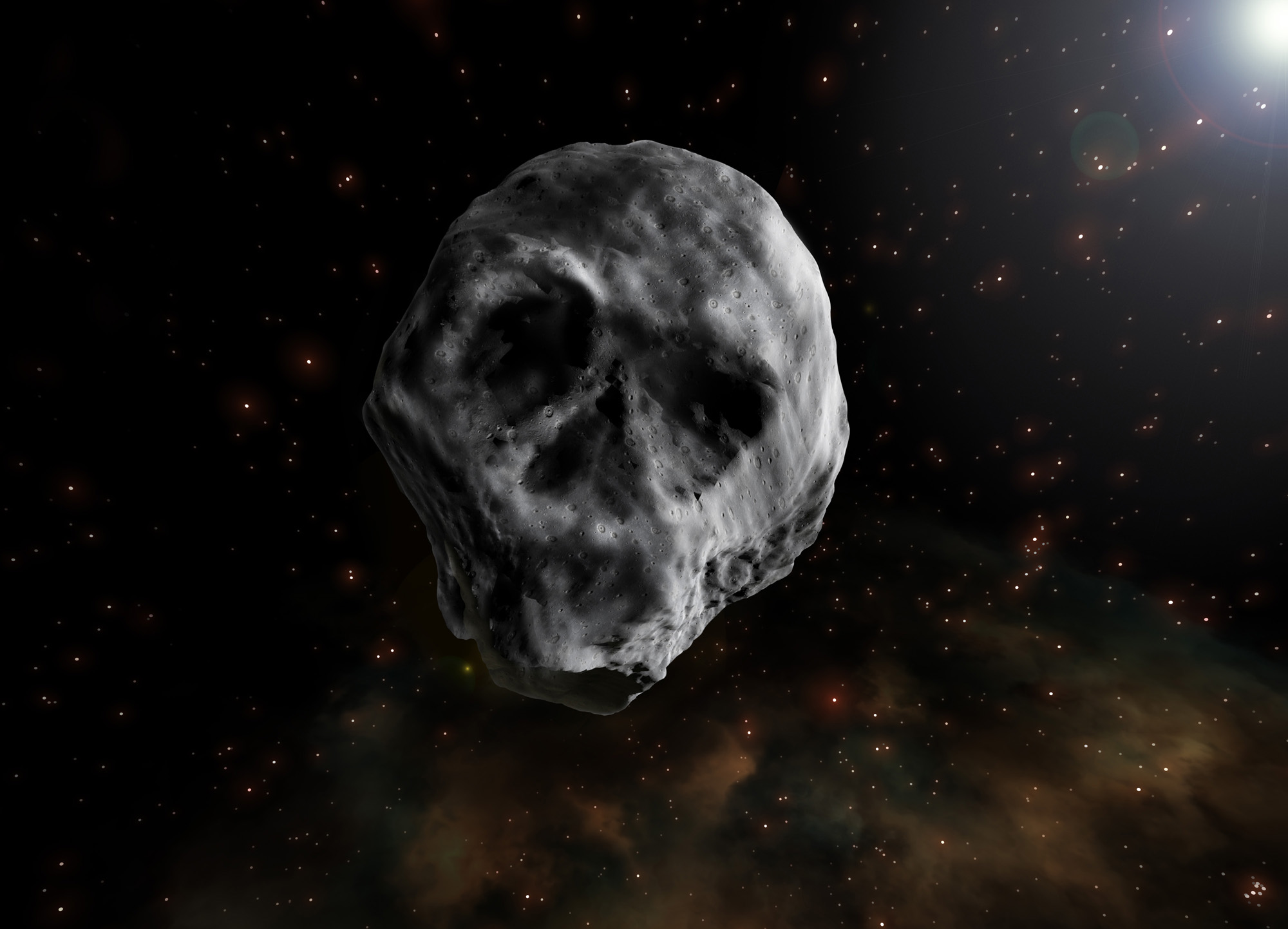 An artist&#039;s illustration of the &quot;Halloween Asteroid&quot; 2015 TB145, which looks much like a skull. The asteroid flew harmlessly by Earth on Oct. 31, 2015 and will return in November 2018.