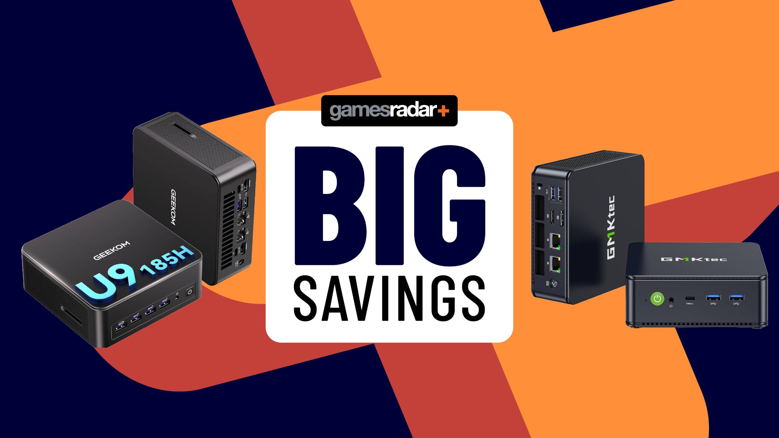 Several mini PCs on an orange cross next to the sign 'Big Savings'.