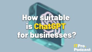 The words ‘How suitable is ChatGPT for businesses?’ with ‘ChatGPT’ highlighted in yellow and the others in white, against a lightly blurred render of the ChatGPT logo diagonally facing the camera against a muted blue background.