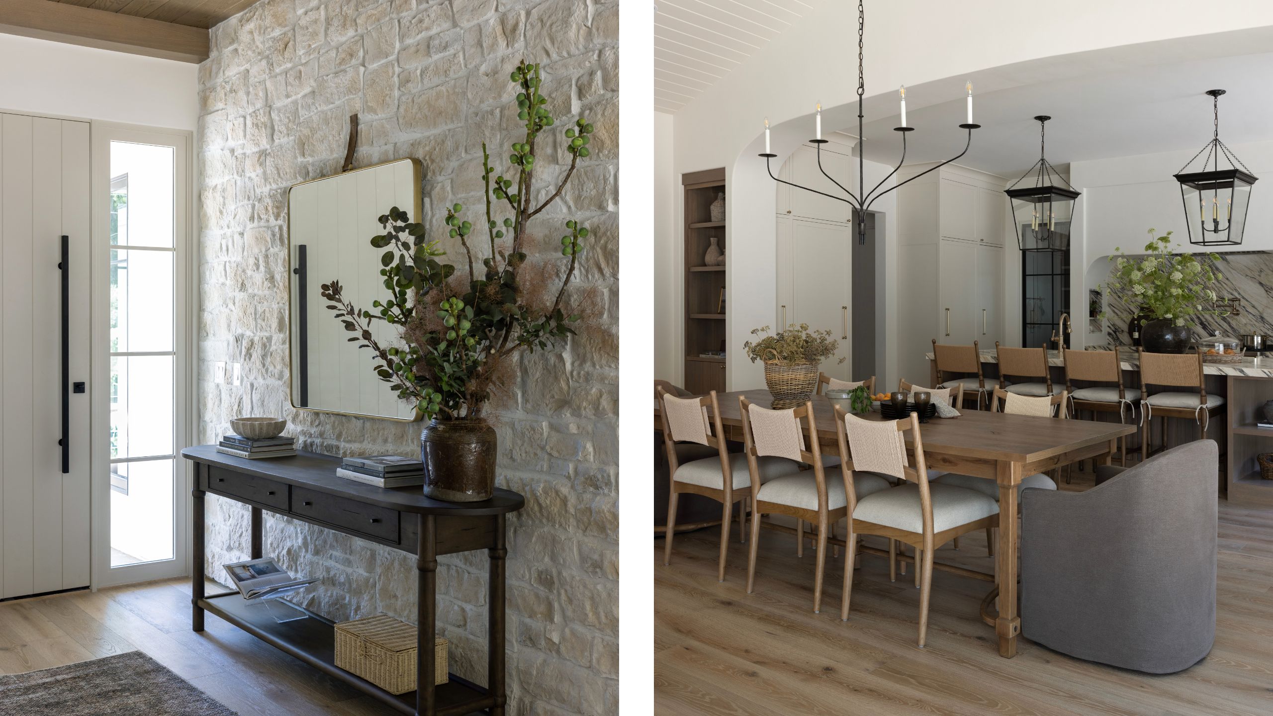 two side by side images of a californian new build home with an entryway with white front door and stone wall and a dining area leading through to a layered kitchen