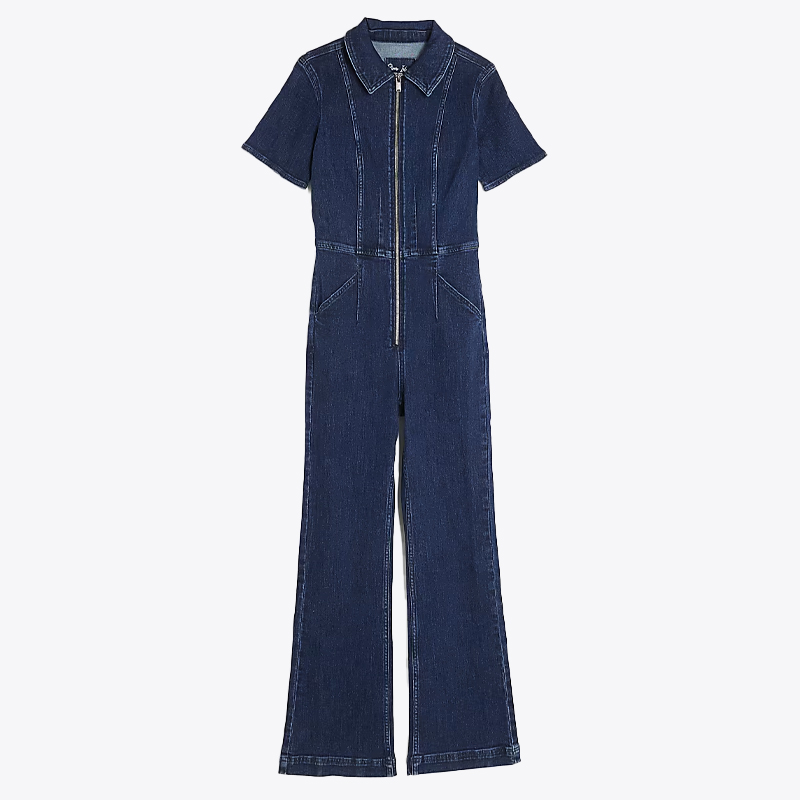 Dark denim fitted short sleeve jumpsuit, river island