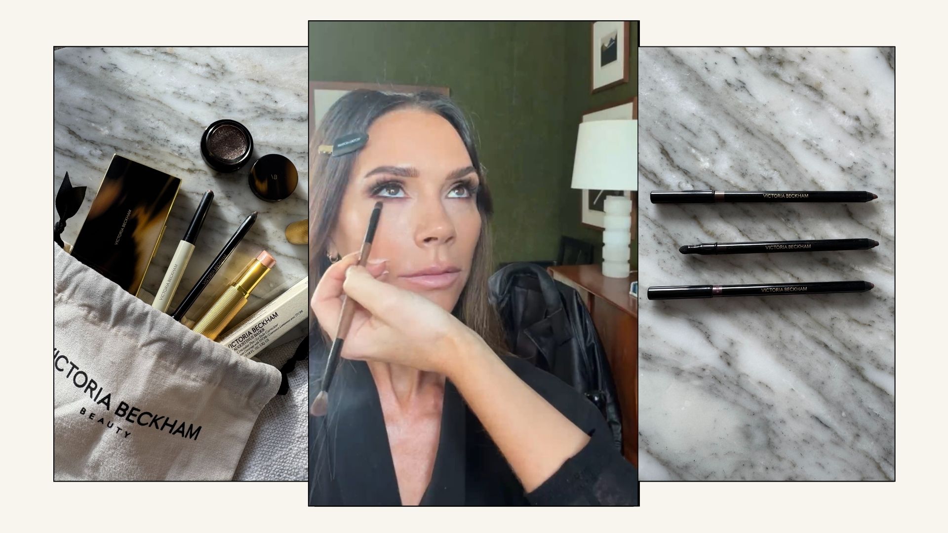 A collage with photos of Victoria Beckham Beauty makeup and a photo of Victoria Beckham having her eye makeup applied with a brush