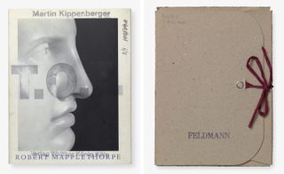 Two pieces of art work, Left, T.O.T., 1998, by Martin Kippenberger. Right, Bilder portfolio 1, circa 1968-1971, by Hans-Peter Feldmann