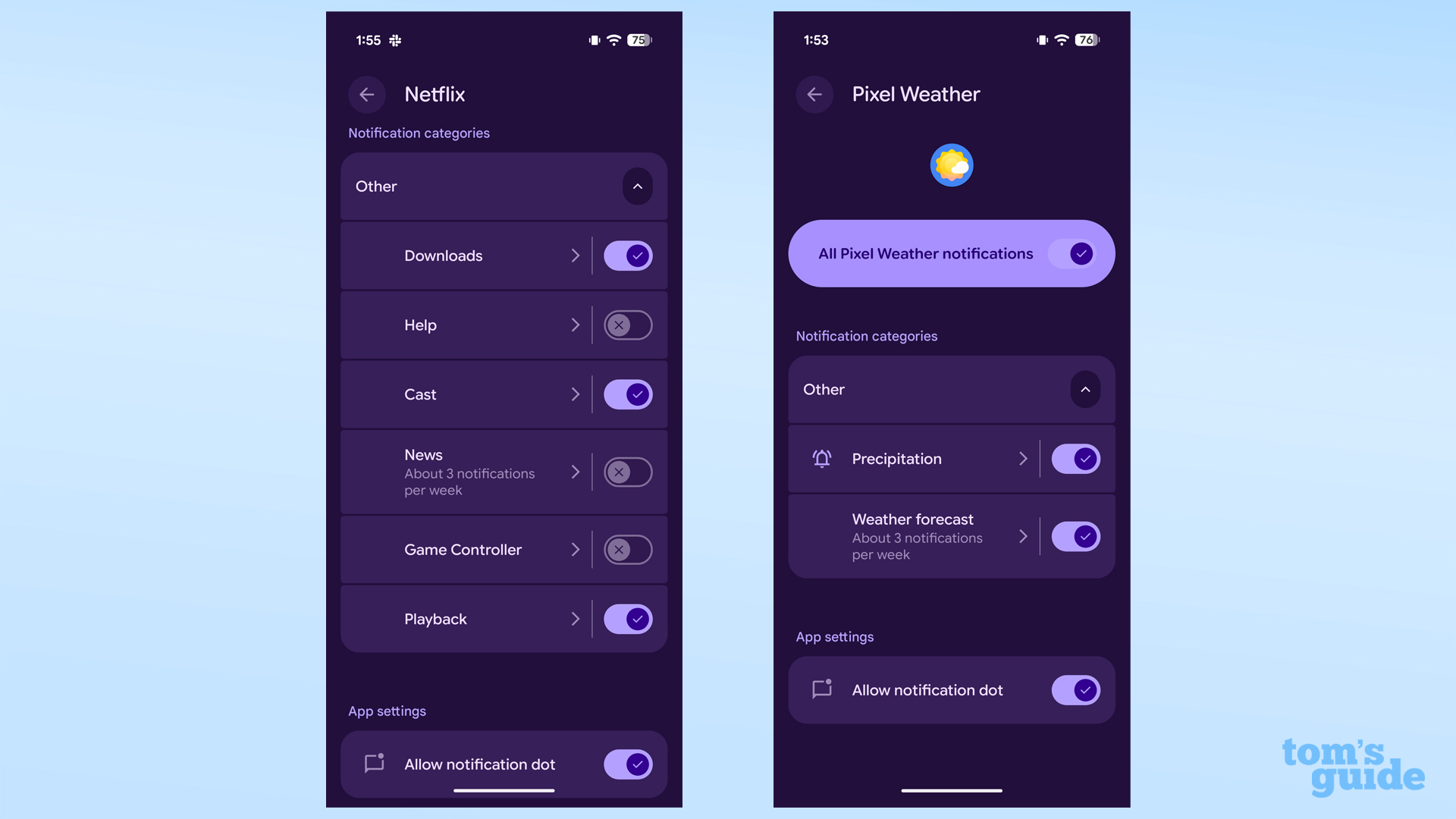 Manage Android notifications via categories in-app