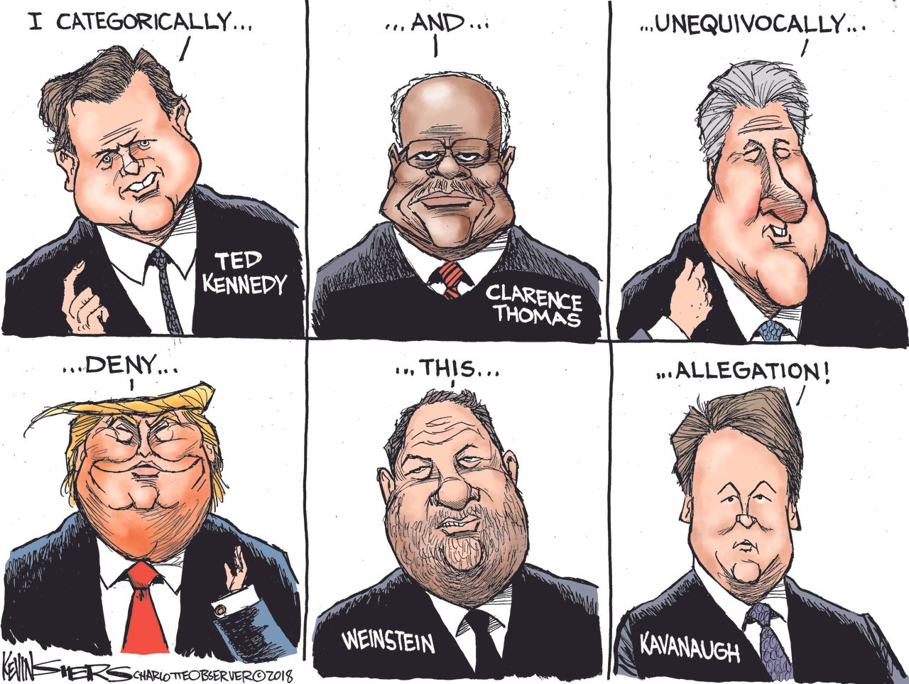 Political cartoon U.S. sexual assault allegation Brett Kavanaugh confirmation hearings Trump Ted Kennedy Clarence Thomas Bill Clinton Harvey Weinstein