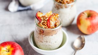 apple pie overnight oats served in a glass