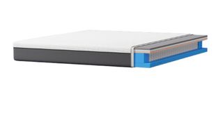 A render of the Emma Luxe Cooling mattress with a cut away that shows blue foam and springs inside