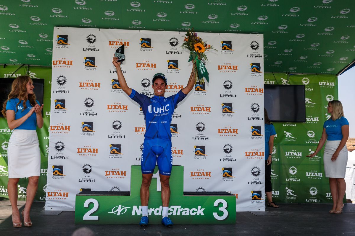 Travis McCabe (UnitedHealthcare) on the podium after winning stage 1 at the Tour of Utah
