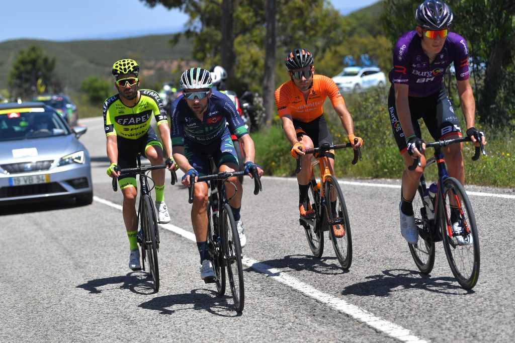 TAVIRA PORTUGAL MAY 07 Javier Moreno Bazan of Spain and Team Efapel Henrique Casimiro of Portugal and Team Kelly Simoldes Udo Julen Irizar Laskurain of Spain and Team Euskaltel Euskadi Jetse Bol of Netherlands and Team Burgos BH in the Breakaway during the 47th Volta Ao Algarve 2021 Stage 3 a 2031km stage from Faro to Tavira VoltAlgarve VAlgarve2021 on May 07 2021 in Tavira Portugal Photo by Luc ClaessenGetty Images