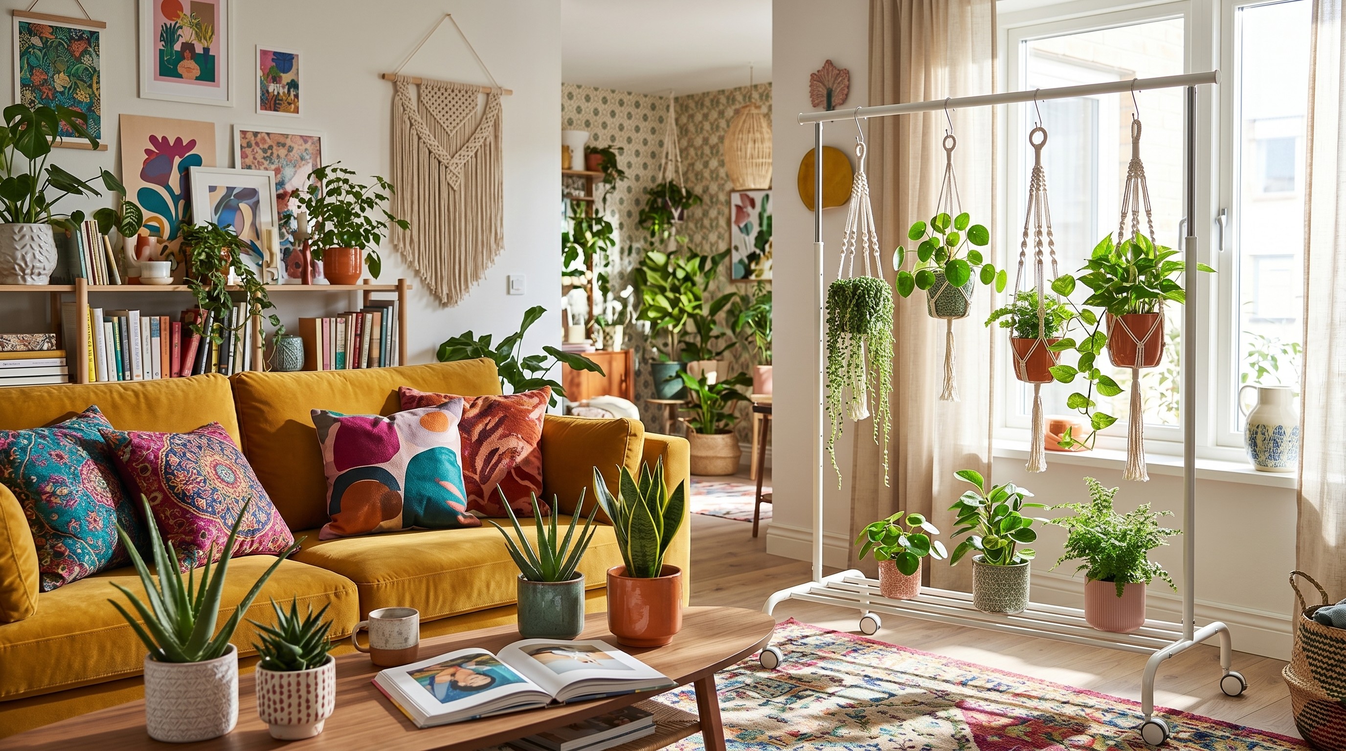Plant stand clothing rack in a vibrant room