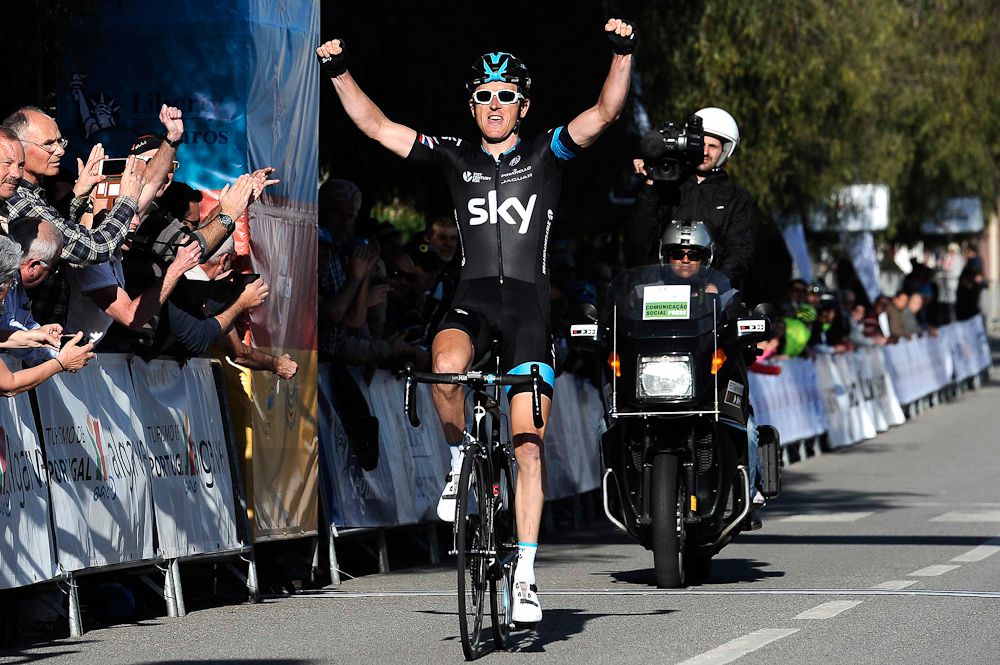 Geraint Thomas (Team Sky) celebrates the stage 2 win.