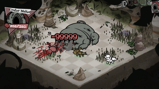 A huge cat boss deals -99999 damage on an cave-like isometric level