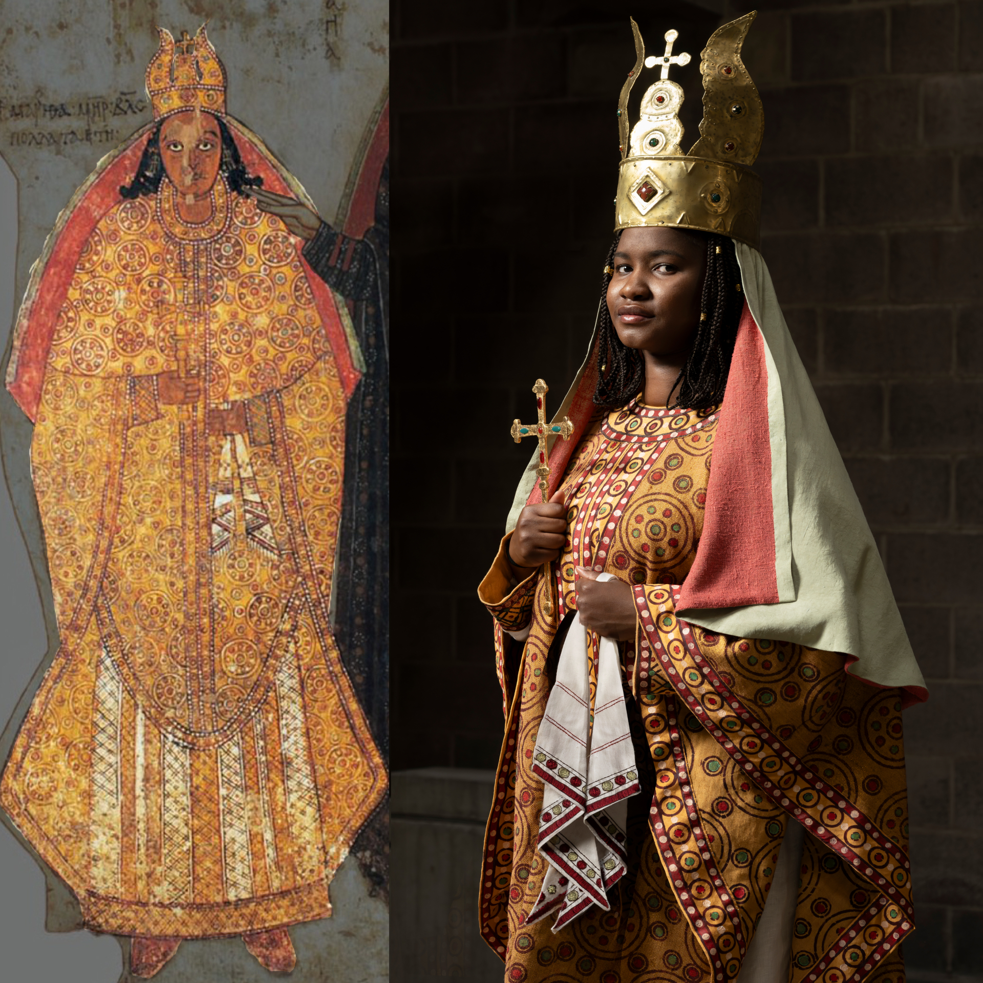 A model wears colorful patterned clothing with an ancient painting cutout next to the model for comparison
