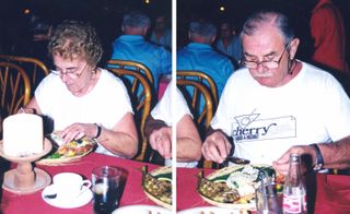 4 Photos. Two colour, one of an elderly man eating and one of an elderly woman eating. Two black and white photos of the same couple sitting on a bridge.