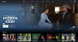 The hulu home screen begins with a graphic for Farmer Wants a Wife, and then Live Now