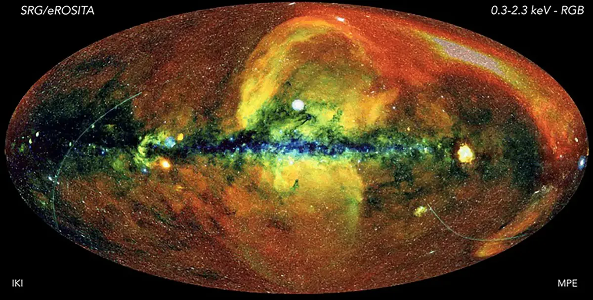 Szeroka mapa z niebieskawym wzorem w linii przechodzącej poziomo przez środek. Na całej powierzchni znajdują się czerwone, żółte, pomarańczowe i zielone plamy.