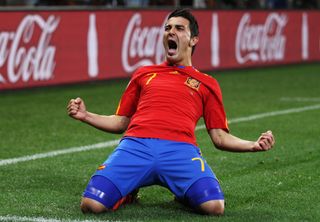David Villa celebrates after scoring for Spain against Portugal at the 2010 World Cup.