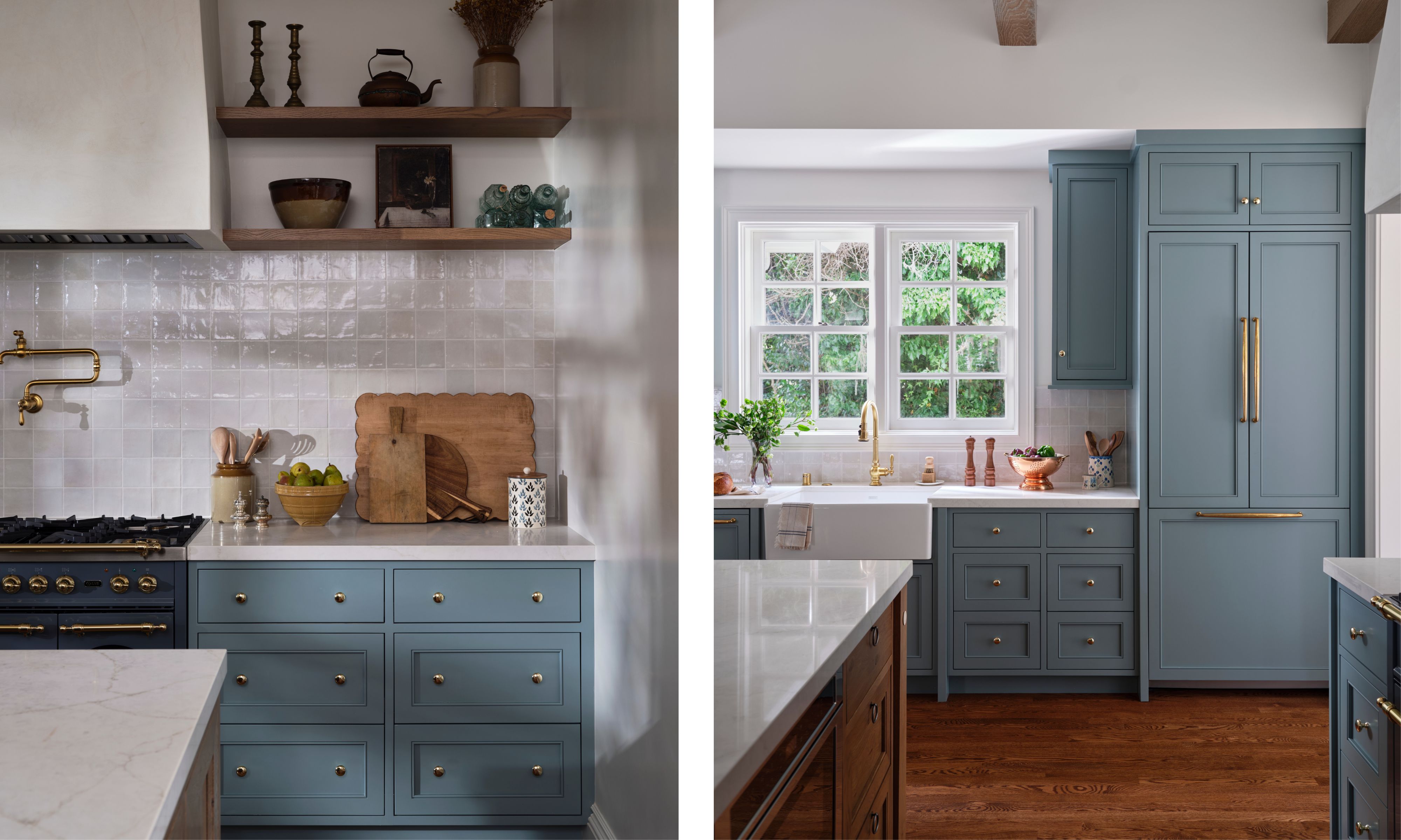 two side by side images of a white painted kitchen with ceiling beams with light blue cabinetry, zellige tiles, plaster hood and open shelving