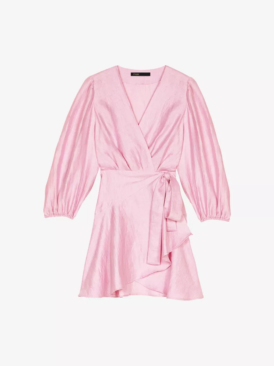 V-Neck T-Waist Linen-Blend Mini Dress