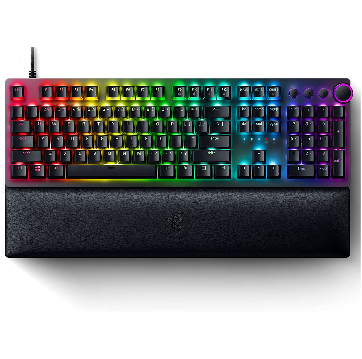 Razer Huntsman V2 optical gaming keyboard with rainbow lighting against a white background.