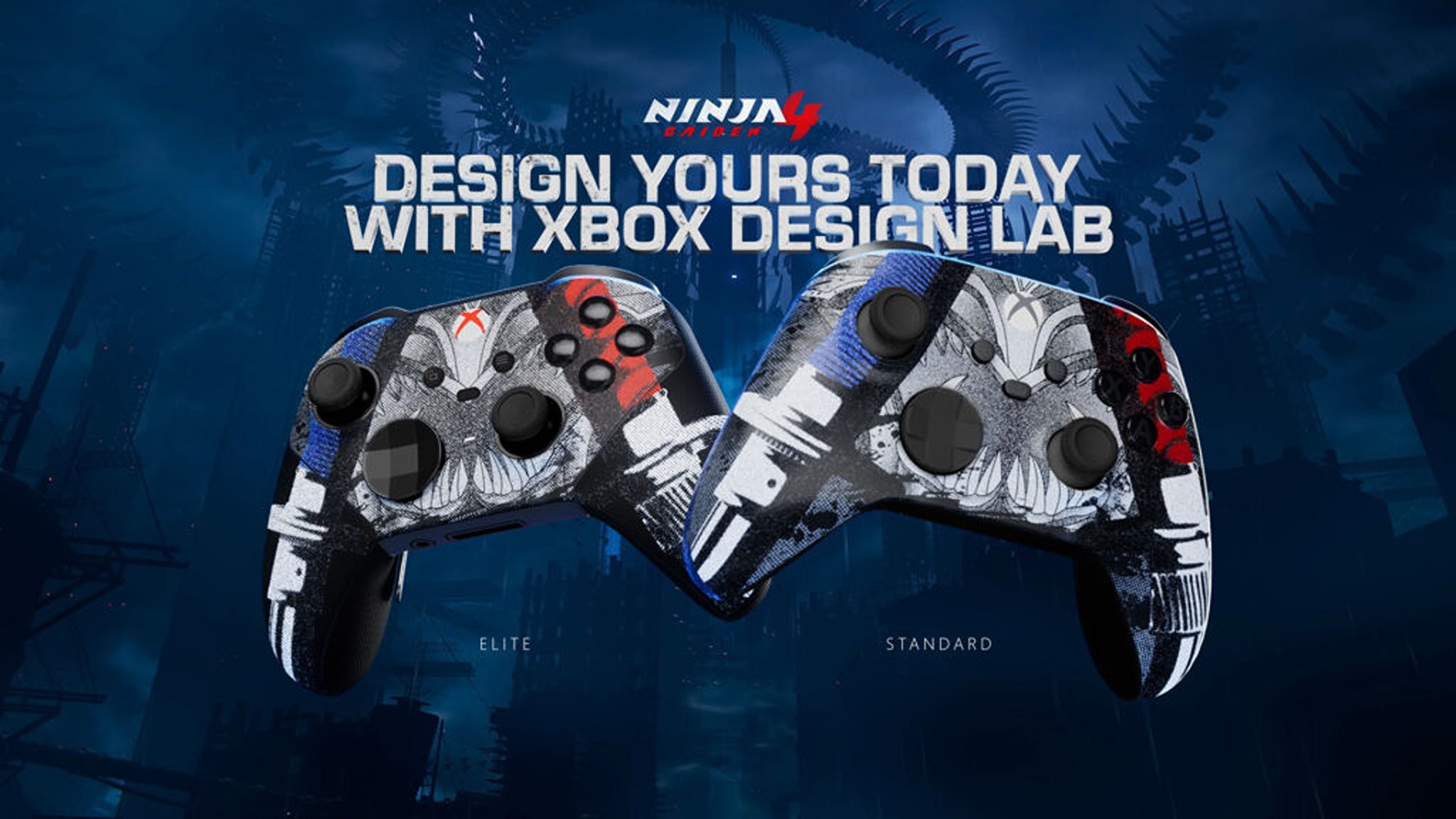 Promotional screenshot of Xbox Design Labs&#039; Ninja Gaiden 4 Xbox controllers
