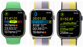 Apple Watch faces showing different running metrics like heart rate zone, target pace, and power generated