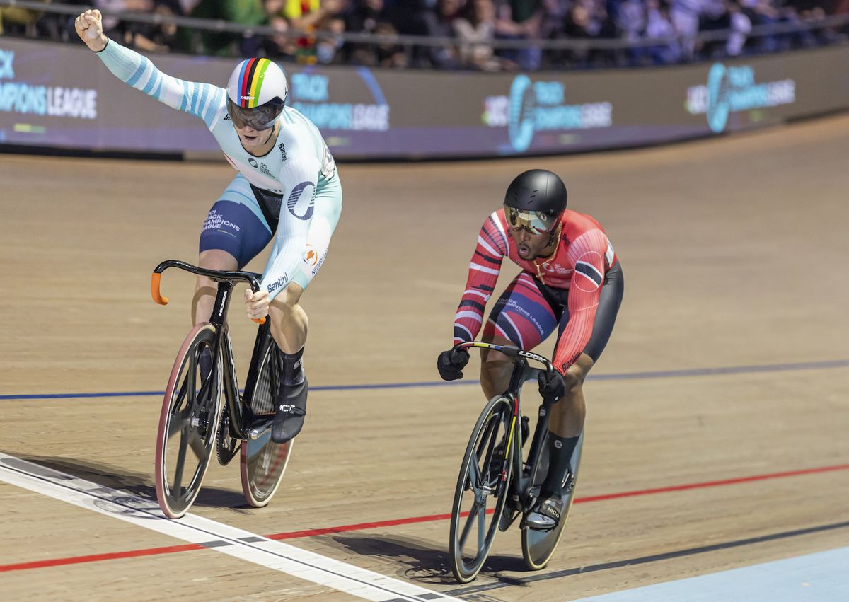 Picture by Alex Whitehead/SWpix.com - 27/11/2021 - Cycling - UCI Track Champions League Round 2 - Lithuania / Cido Arena, Panev&Auml;&Aring;&frac34;ys, Lithuania - The Netherland's Harrie Lavreysen celebrates victory in the men's sprint final over Trinidad &amp; Tobago's Nicholas Paul.