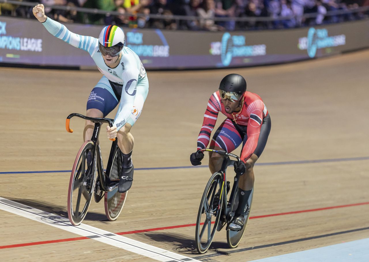 Picture by Alex Whitehead/SWpix.com - 27/11/2021 - Cycling - UCI Track Champions League Round 2 - Lithuania / Cido Arena, Panev&Auml;&Aring;&frac34;ys, Lithuania - The Netherland's Harrie Lavreysen celebrates victory in the men's sprint final over Trinidad &amp; Tobago's Nicholas Paul.