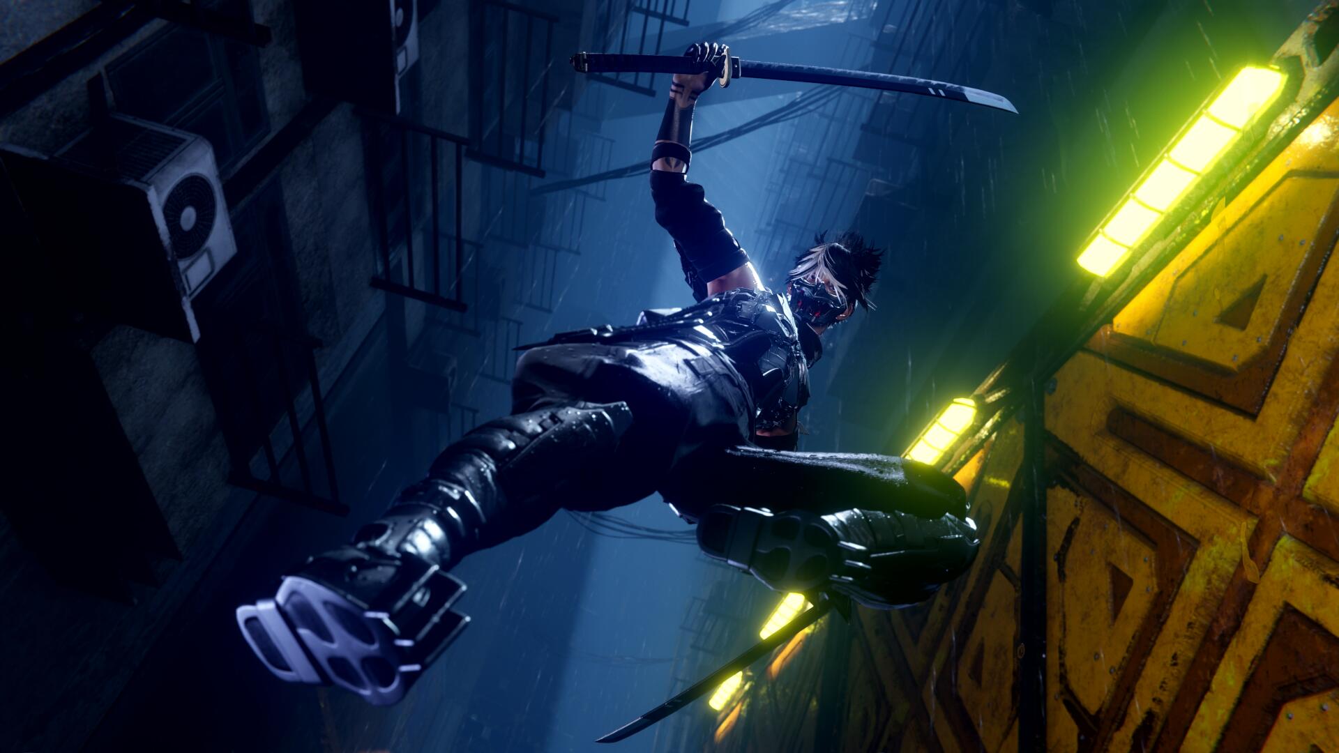 Yakumo leaps through a neon-lit Tokyo alley in Ninja Gaiden 4