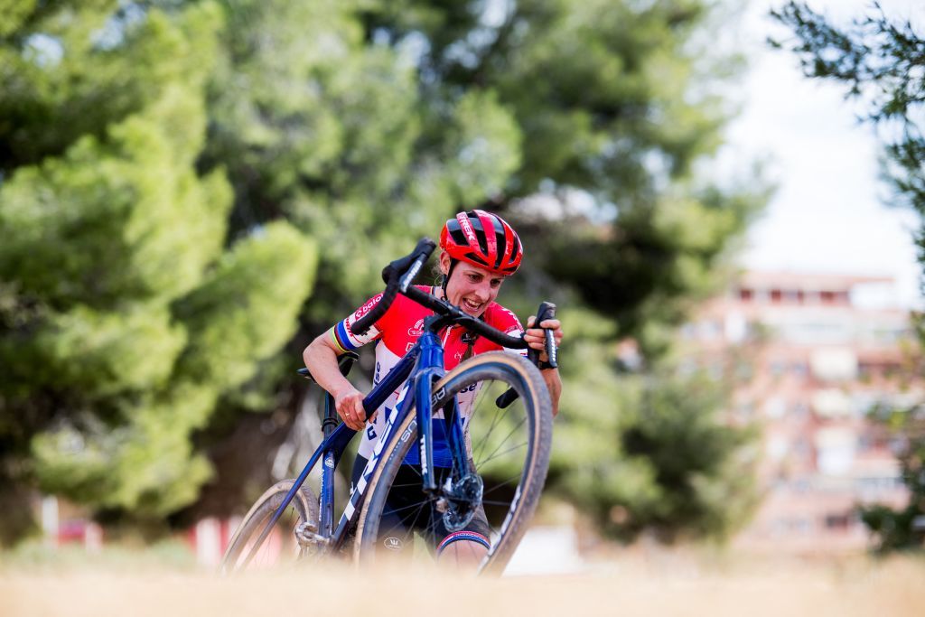 Dutch Lucinda Brand pictured in action during the women's elite race at the cyclocross cycling event in Benidorm, Spain, Sunday 21 January 2024, stage 13/14 in the World Cup ranking. BELGA PHOTO JASPER JACOBS (Photo by JASPER JACOBS / BELGA MAG / Belga via AFP)