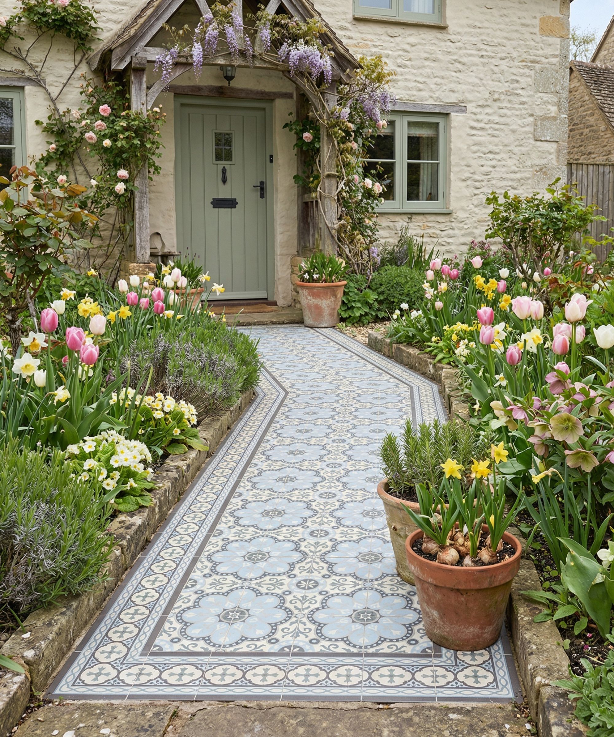 A cottage garden path of ornate blue-grey patterned tiles flanked by pink tulips, daffodils, and wisteria over a sage green door.