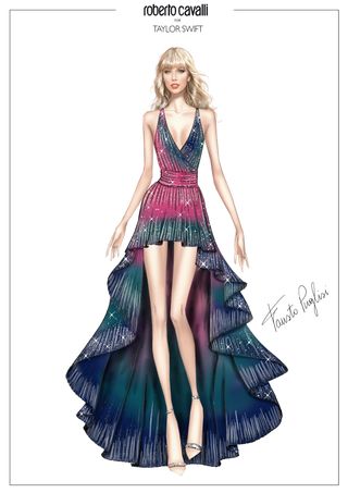 a sketch of taylor swift wearing her new acoustic set dress by roberto cavalli