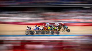 A general view as riders compete during the Women's Omnium elimination race, 3 round of 4 of the track cycling on day sixteen of the Tokyo 2020 Olympic Games