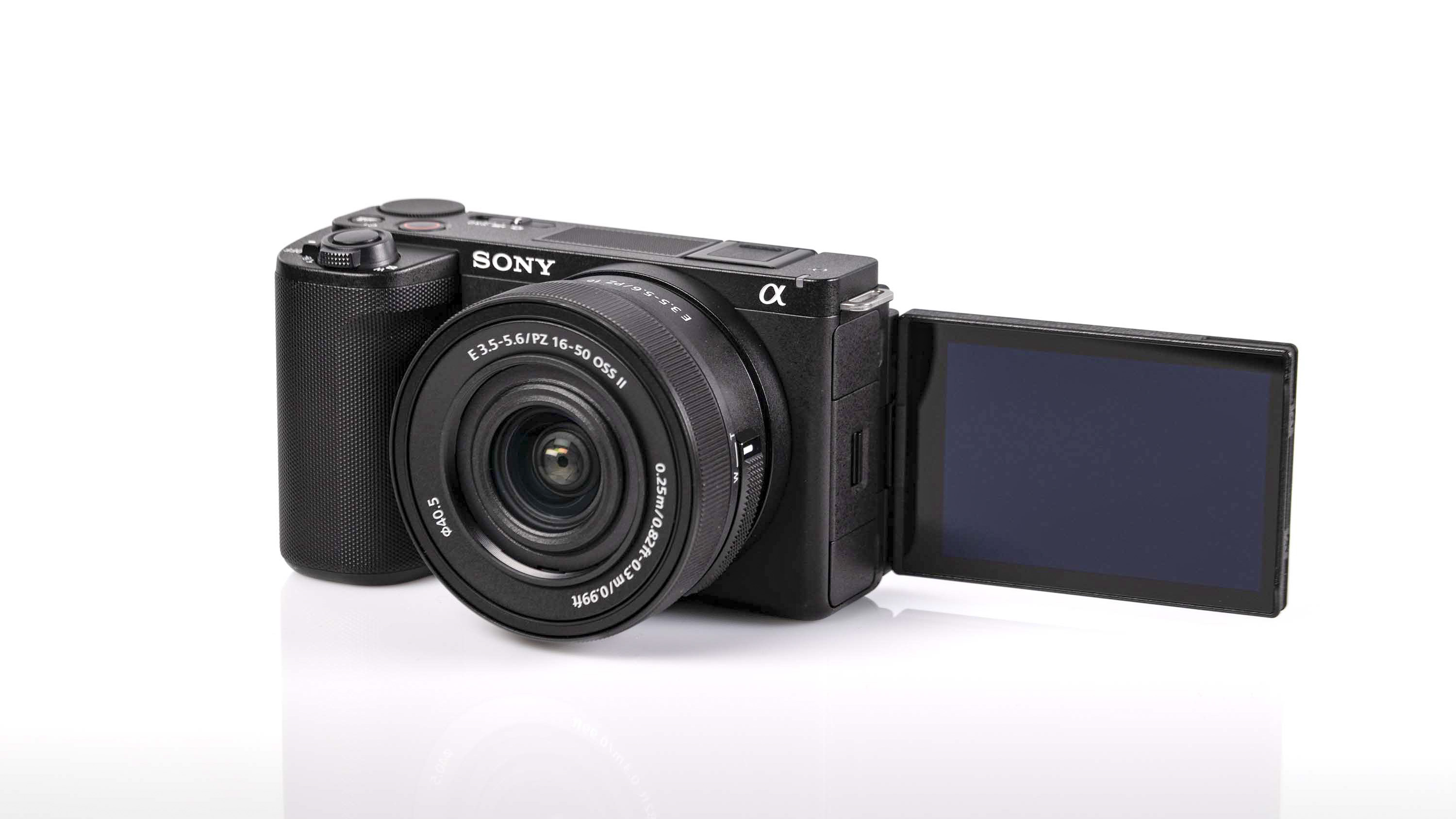 Sony ZV-E10 II on reflective surface and white background