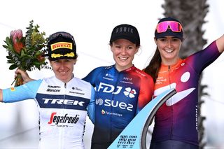 Cadel Evans Great Ocean Road Race 2023 podium (l-r): second place Amanda Spratt (Trek - Segafredo), winner Loes Adegeest (FDJ-SUEZ) and third place Nina Buijsman (Human Powered Health)