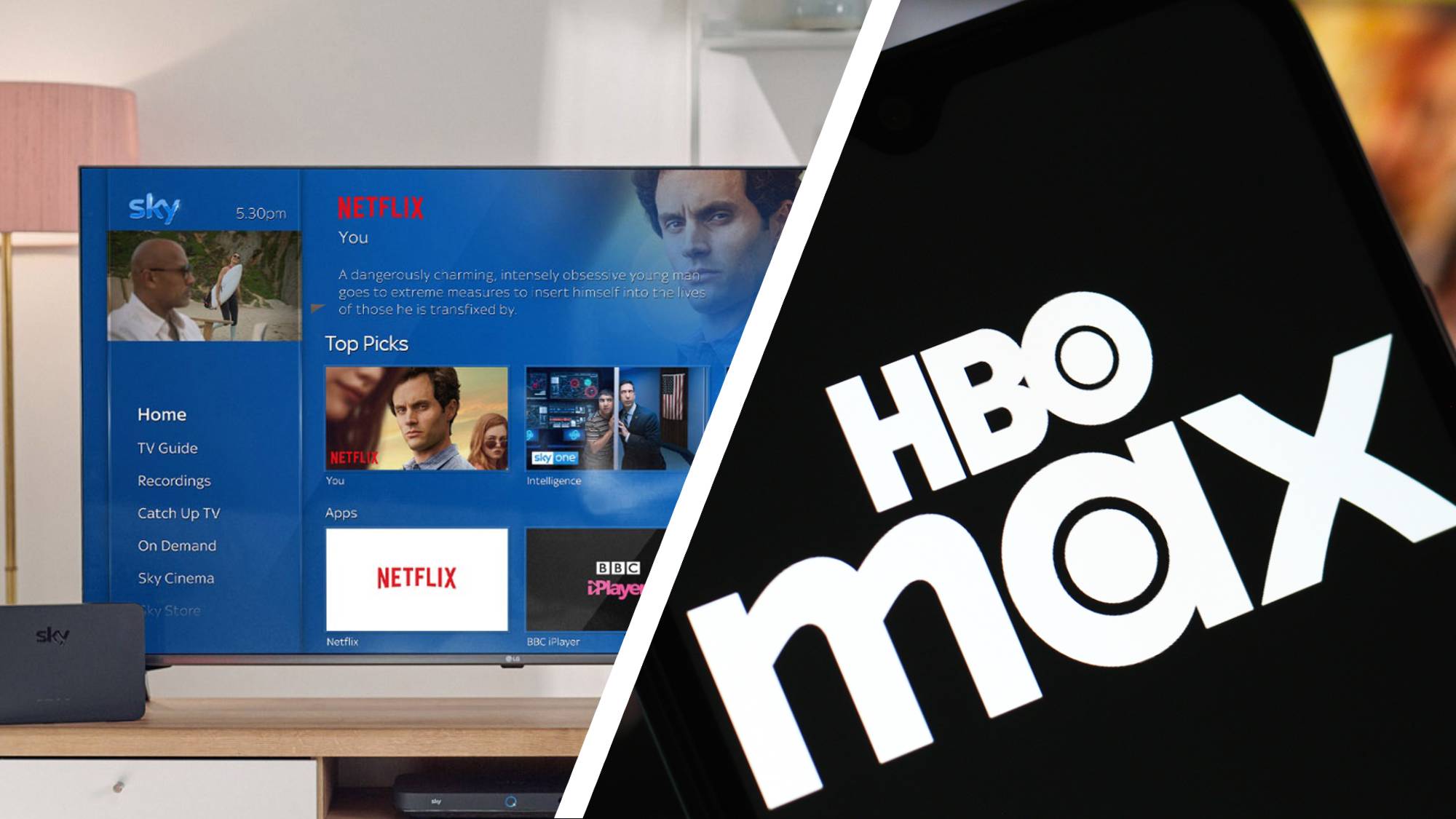 A TV with the Sky TV guide and a close up of a smartphone with the HBO Max logo 