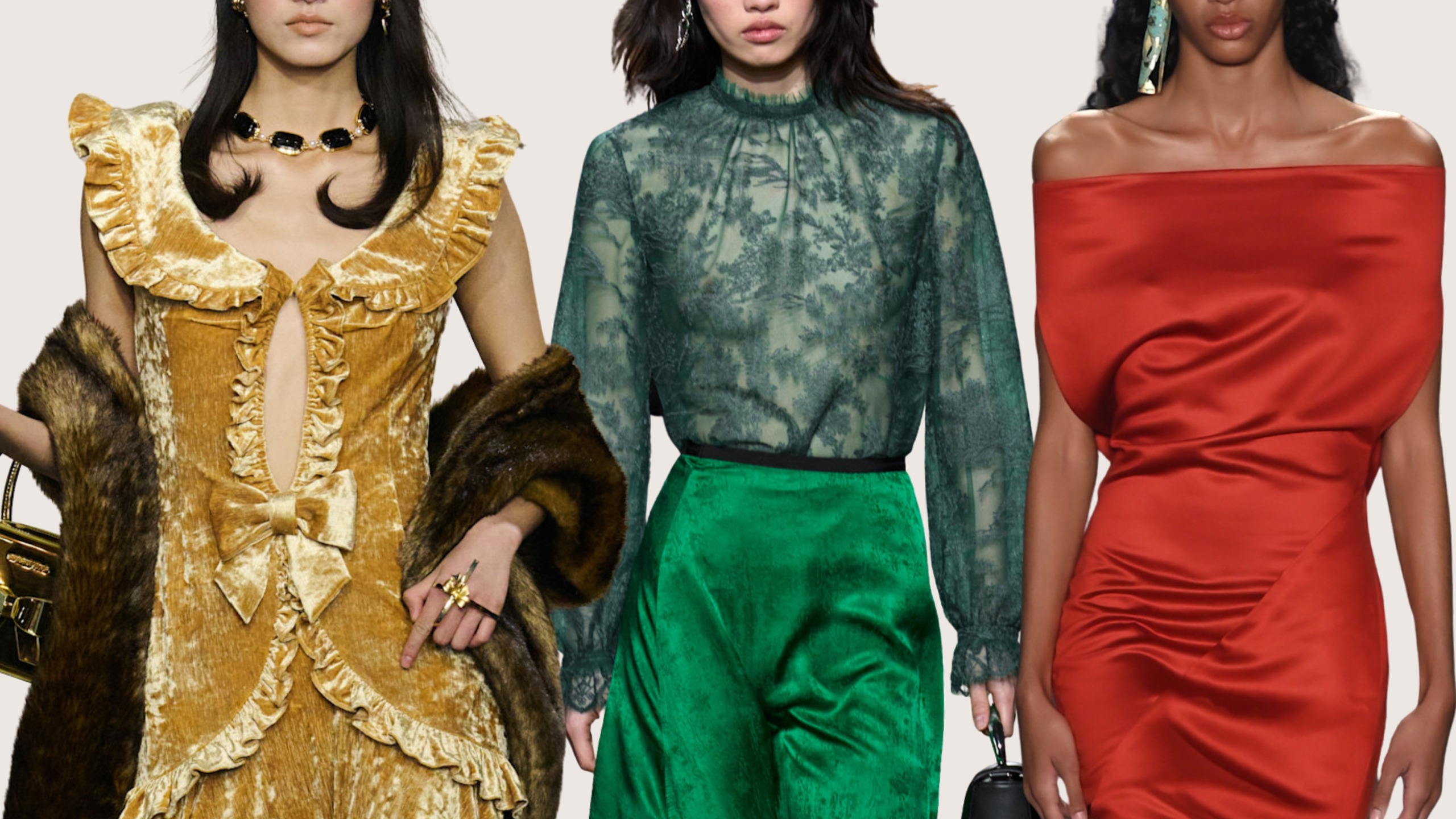 Jewel tone fashion trend 2026: collage of gold, green and red runway looks 