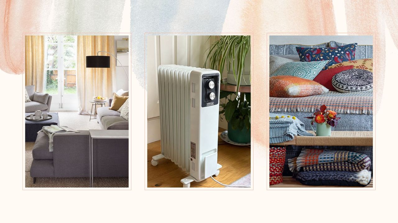 Compilation image of a living room, portable heater and bedroom to show the worst places to put an electric heater