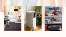 Compilation image of a living room, portable heater and bedroom to show the worst places to put an electric heater