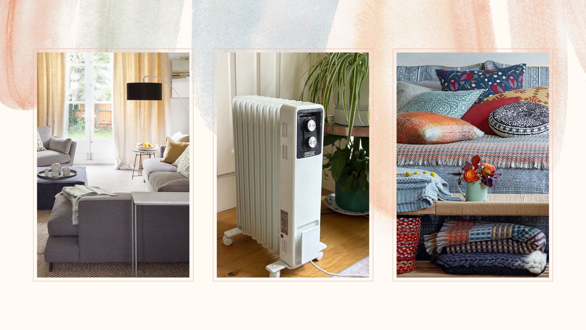 Compilation image of a living room, portable heater and bedroom to show the worst places to put an electric heater