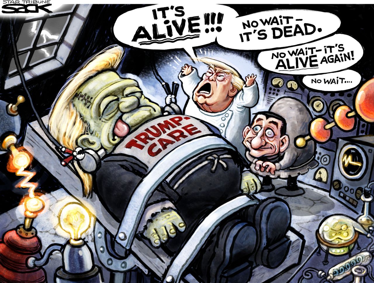 Political Cartoon U.S. Trump Paul Ryan Frankenstein health care reform dead