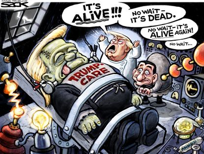 Political Cartoon U.S. Trump Paul Ryan Frankenstein health care reform dead